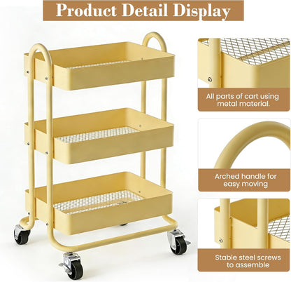 3 Tier Metal Rolling Cart, Utility Storage Cart Shelf Organizer with Wheels for Home & Office, Light Yellow