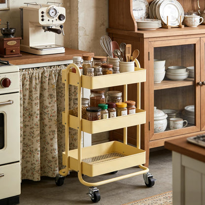 3 Tier Metal Rolling Cart, Utility Storage Cart Shelf Organizer with Wheels for Home & Office, Light Yellow