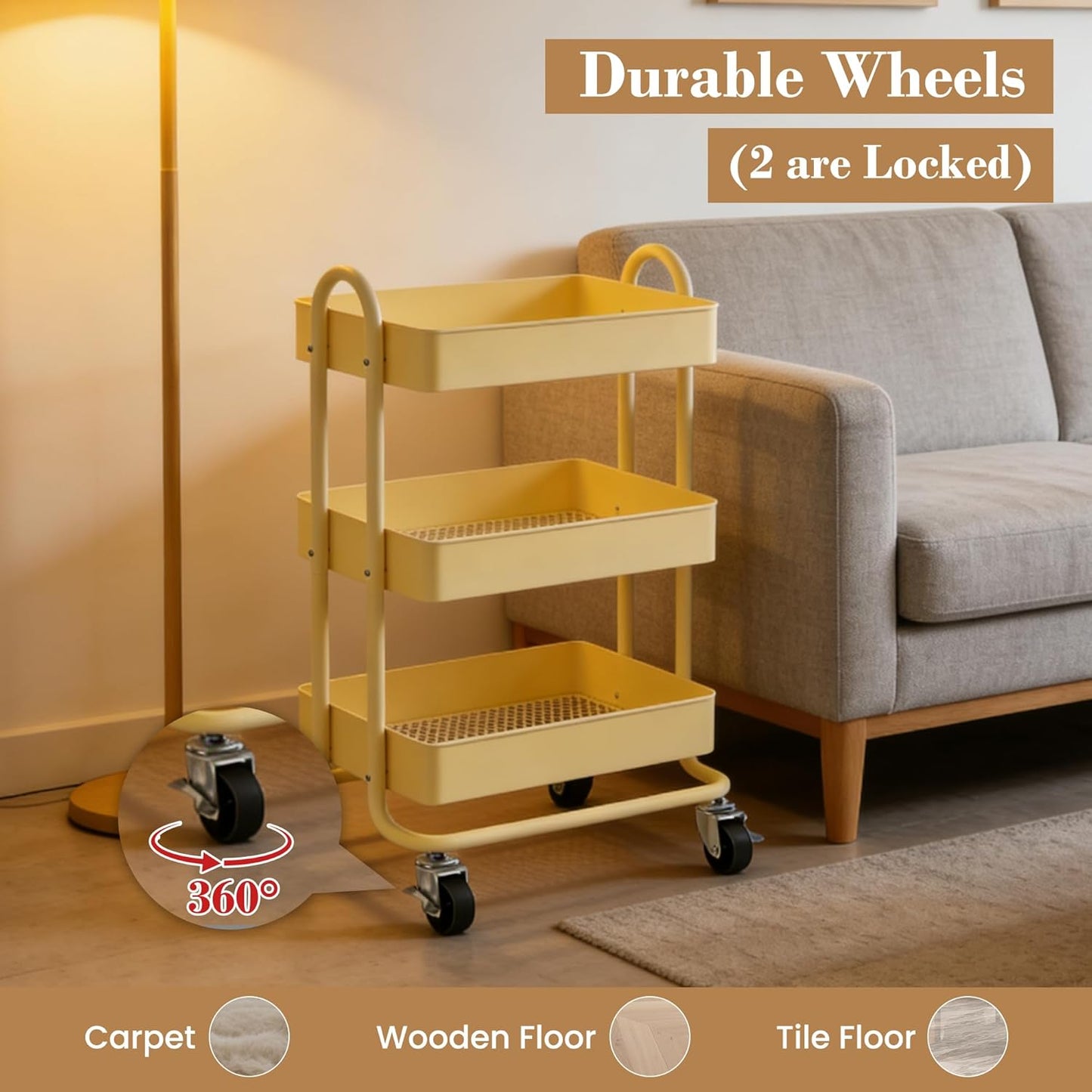 3 Tier Metal Rolling Cart, Utility Storage Cart Shelf Organizer with Wheels for Home & Office, Light Yellow