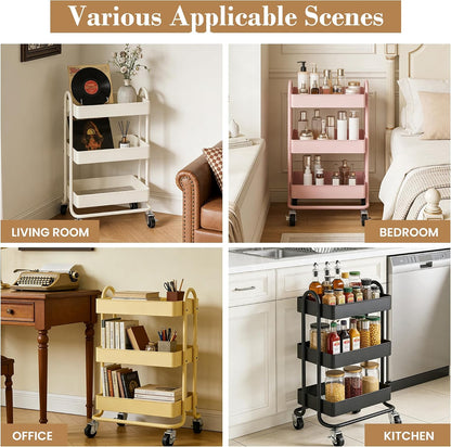 3 Tier Metal Rolling Cart, Utility Storage Cart Shelf Organizer with Wheels for Home & Office, Light Yellow
