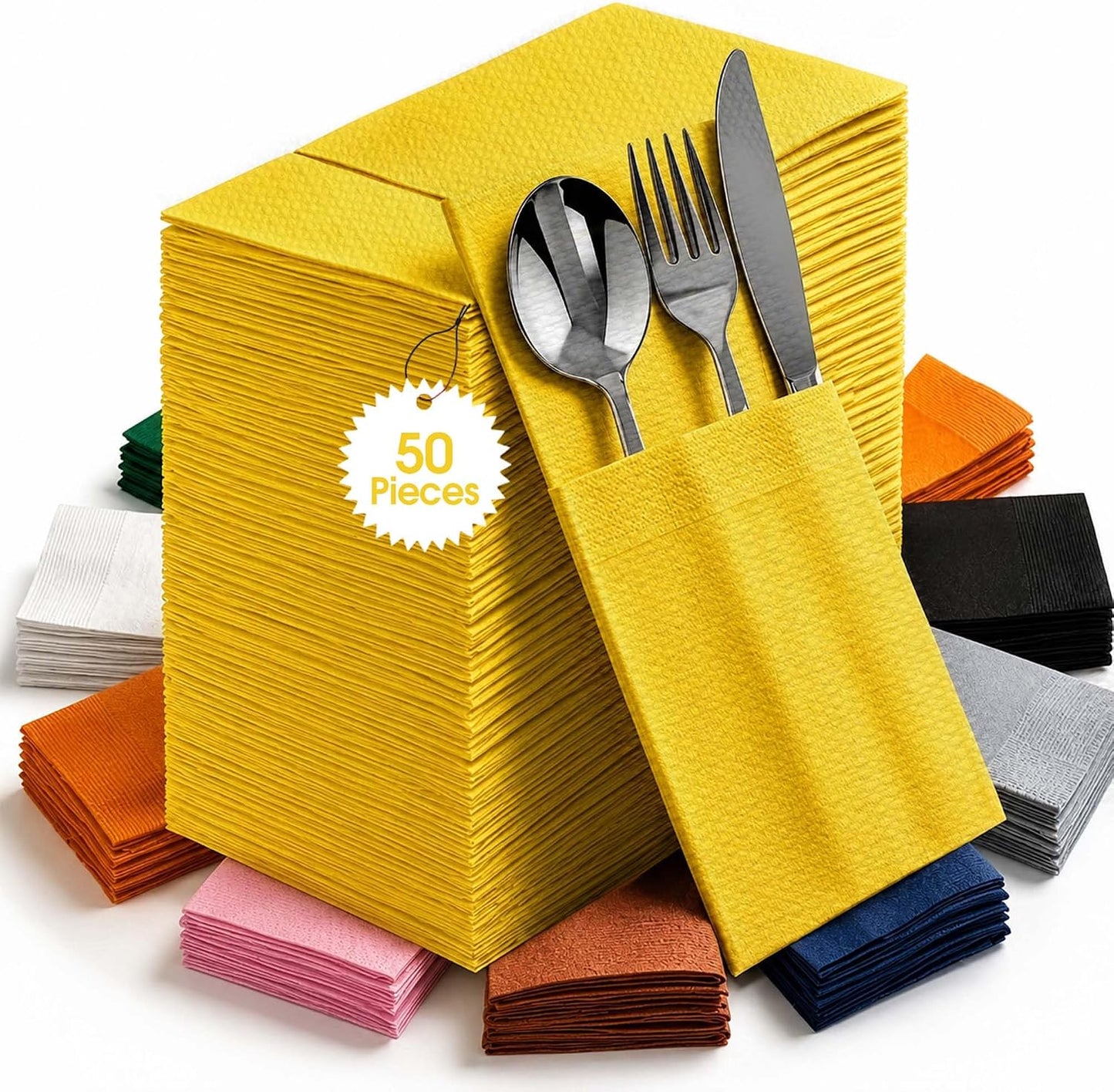 American Homestead Napkins with Pockets for Silverware, Linen-Feel Airlaid Paper, Prefolded 15.75 Inch Napkin with 8x4 Utensil Pocket, Perfect for Weddings and Everyday Dining, 50 Count Yellow