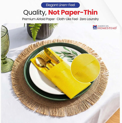 American Homestead Napkins with Pockets for Silverware, Linen-Feel Airlaid Paper, Prefolded 15.75 Inch Napkin with 8x4 Utensil Pocket, Perfect for Weddings and Everyday Dining, 50 Count Yellow