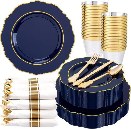 350PCS Yellow Plates - Yellow Disposable Plastic Plates With Gold Rim-50Guest Plastic Dinnerware include 100 Plates,50 Pack Pre Rolled Napkins with Silverware 50Cups for Wedding＆Party