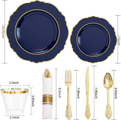 350PCS Yellow Plates - Yellow Disposable Plastic Plates With Gold Rim-50Guest Plastic Dinnerware include 100 Plates,50 Pack Pre Rolled Napkins with Silverware 50Cups for Wedding＆Party