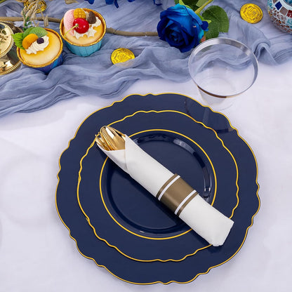 350PCS Yellow Plates - Yellow Disposable Plastic Plates With Gold Rim-50Guest Plastic Dinnerware include 100 Plates,50 Pack Pre Rolled Napkins with Silverware 50Cups for Wedding＆Party
