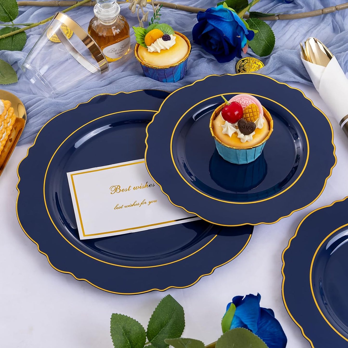 350PCS Yellow Plates - Yellow Disposable Plastic Plates With Gold Rim-50Guest Plastic Dinnerware include 100 Plates,50 Pack Pre Rolled Napkins with Silverware 50Cups for Wedding＆Party