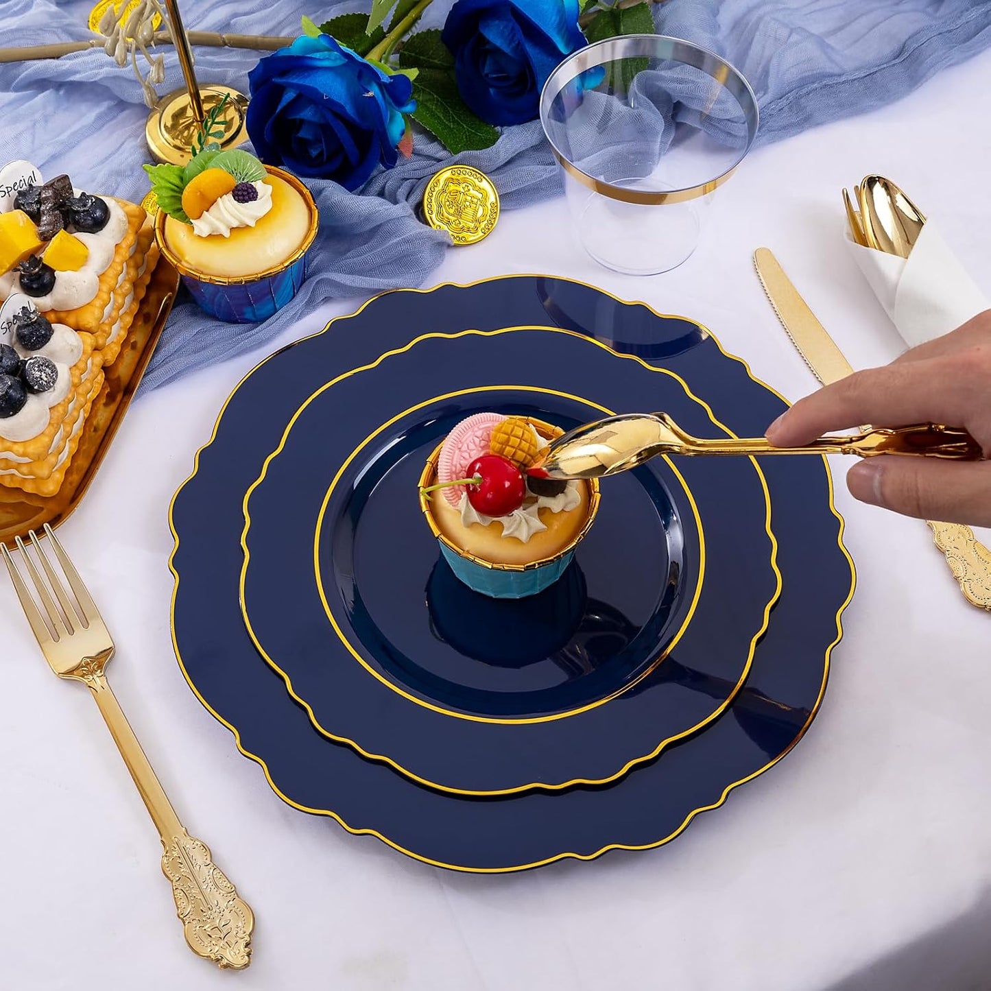 350PCS Yellow Plates - Yellow Disposable Plastic Plates With Gold Rim-50Guest Plastic Dinnerware include 100 Plates,50 Pack Pre Rolled Napkins with Silverware 50Cups for Wedding＆Party