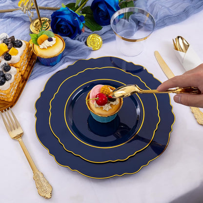 350PCS Yellow Plates - Yellow Disposable Plastic Plates With Gold Rim-50Guest Plastic Dinnerware include 100 Plates,50 Pack Pre Rolled Napkins with Silverware 50Cups for Wedding＆Party