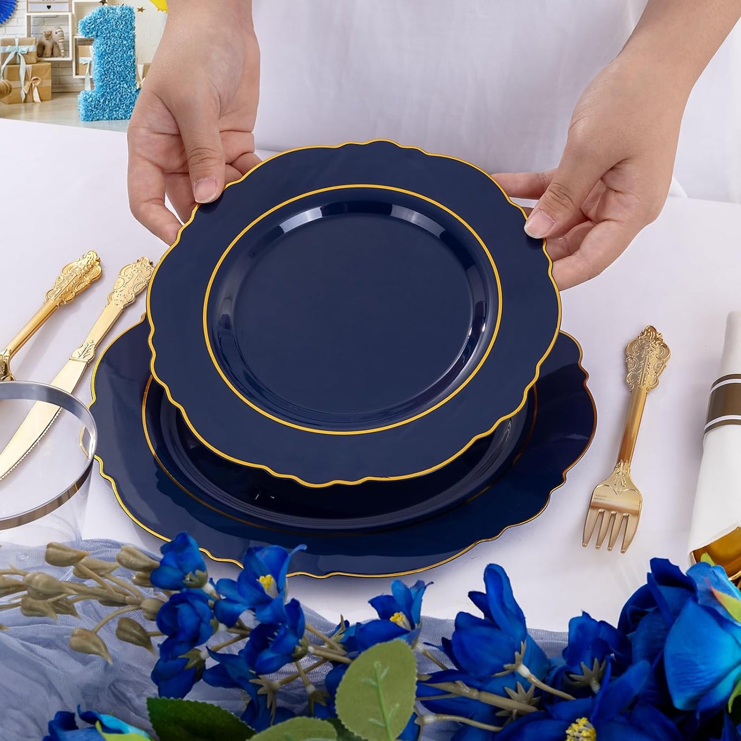 350PCS Yellow Plates - Yellow Disposable Plastic Plates With Gold Rim-50Guest Plastic Dinnerware include 100 Plates,50 Pack Pre Rolled Napkins with Silverware 50Cups for Wedding＆Party