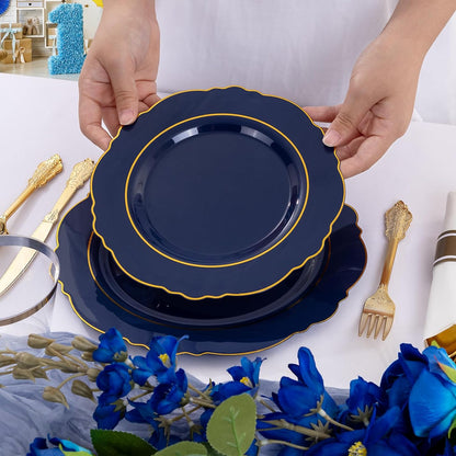 350PCS Yellow Plates - Yellow Disposable Plastic Plates With Gold Rim-50Guest Plastic Dinnerware include 100 Plates,50 Pack Pre Rolled Napkins with Silverware 50Cups for Wedding＆Party