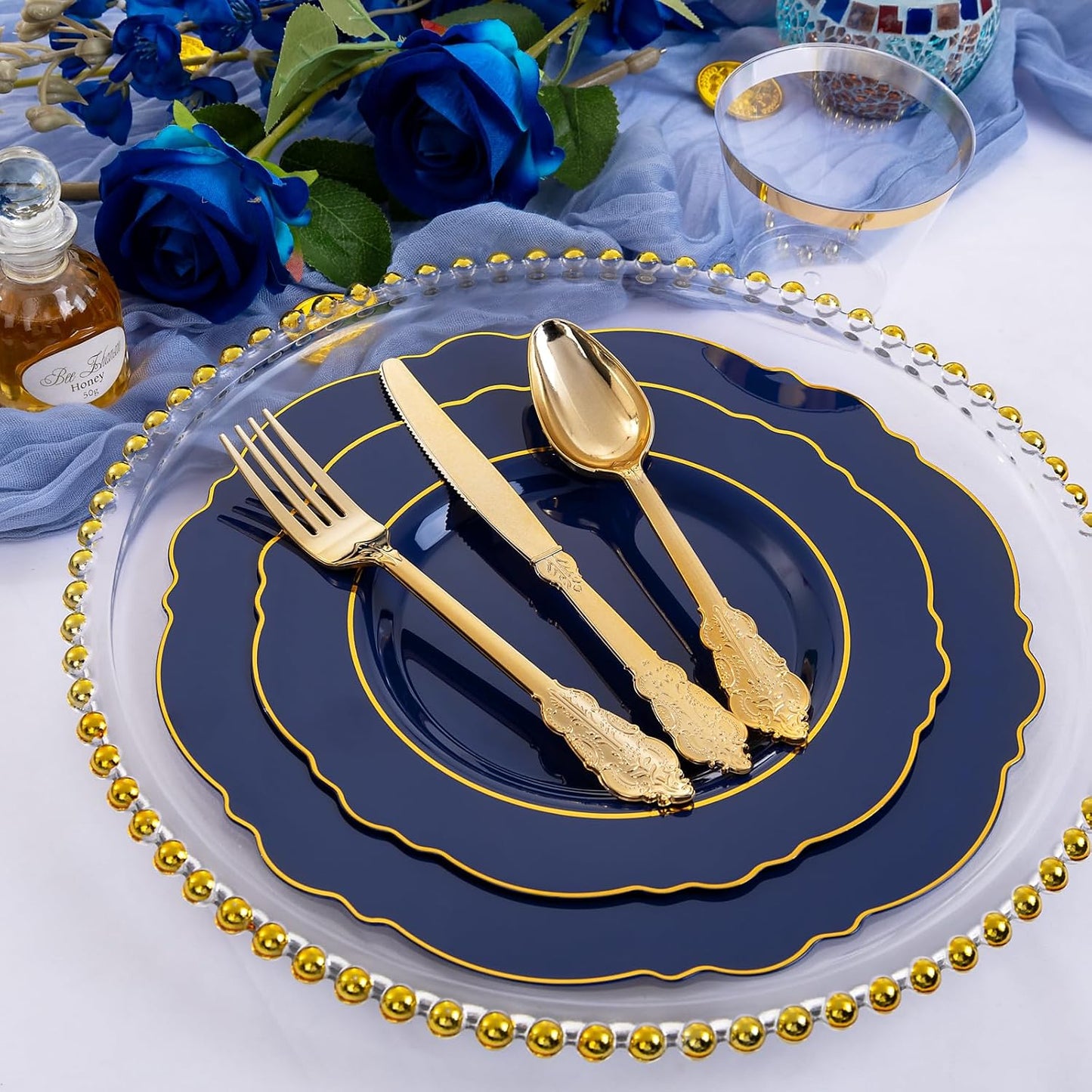 350PCS Yellow Plates - Yellow Disposable Plastic Plates With Gold Rim-50Guest Plastic Dinnerware include 100 Plates,50 Pack Pre Rolled Napkins with Silverware 50Cups for Wedding＆Party
