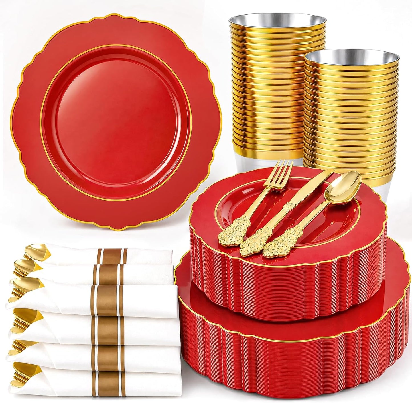 350PCS Yellow Plates - Yellow Disposable Plastic Plates With Gold Rim-50Guest Plastic Dinnerware include 100 Plates,50 Pack Pre Rolled Napkins with Silverware 50Cups for Wedding＆Party