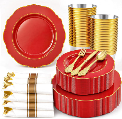 350PCS Yellow Plates - Yellow Disposable Plastic Plates With Gold Rim-50Guest Plastic Dinnerware include 100 Plates,50 Pack Pre Rolled Napkins with Silverware 50Cups for Wedding＆Party