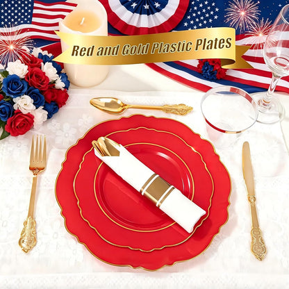350PCS Yellow Plates - Yellow Disposable Plastic Plates With Gold Rim-50Guest Plastic Dinnerware include 100 Plates,50 Pack Pre Rolled Napkins with Silverware 50Cups for Wedding＆Party