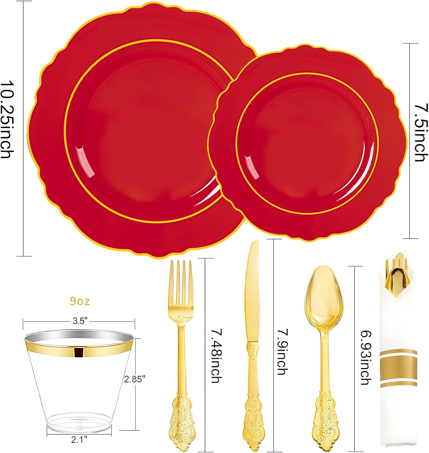 350PCS Yellow Plates - Yellow Disposable Plastic Plates With Gold Rim-50Guest Plastic Dinnerware include 100 Plates,50 Pack Pre Rolled Napkins with Silverware 50Cups for Wedding＆Party