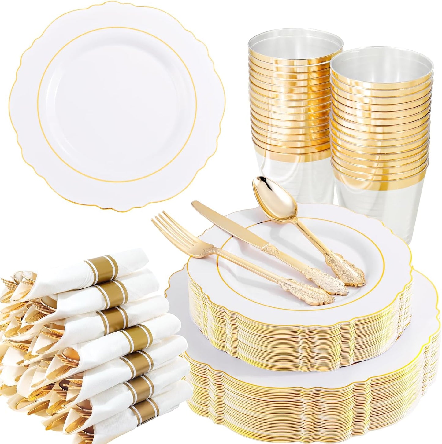 350PCS Yellow Plates - Yellow Disposable Plastic Plates With Gold Rim-50Guest Plastic Dinnerware include 100 Plates,50 Pack Pre Rolled Napkins with Silverware 50Cups for Wedding＆Party