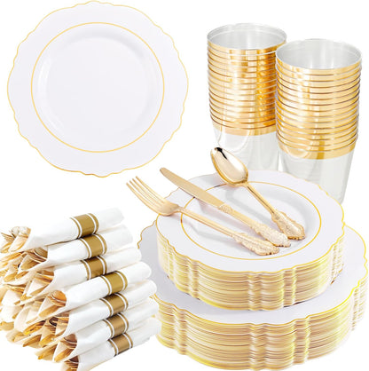 350PCS Yellow Plates - Yellow Disposable Plastic Plates With Gold Rim-50Guest Plastic Dinnerware include 100 Plates,50 Pack Pre Rolled Napkins with Silverware 50Cups for Wedding＆Party