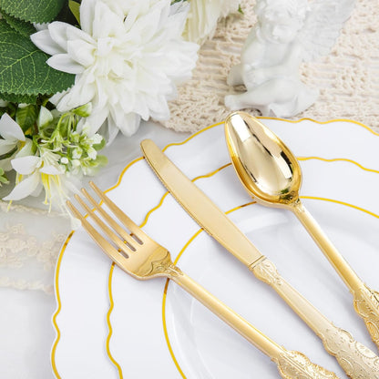 350PCS Yellow Plates - Yellow Disposable Plastic Plates With Gold Rim-50Guest Plastic Dinnerware include 100 Plates,50 Pack Pre Rolled Napkins with Silverware 50Cups for Wedding＆Party