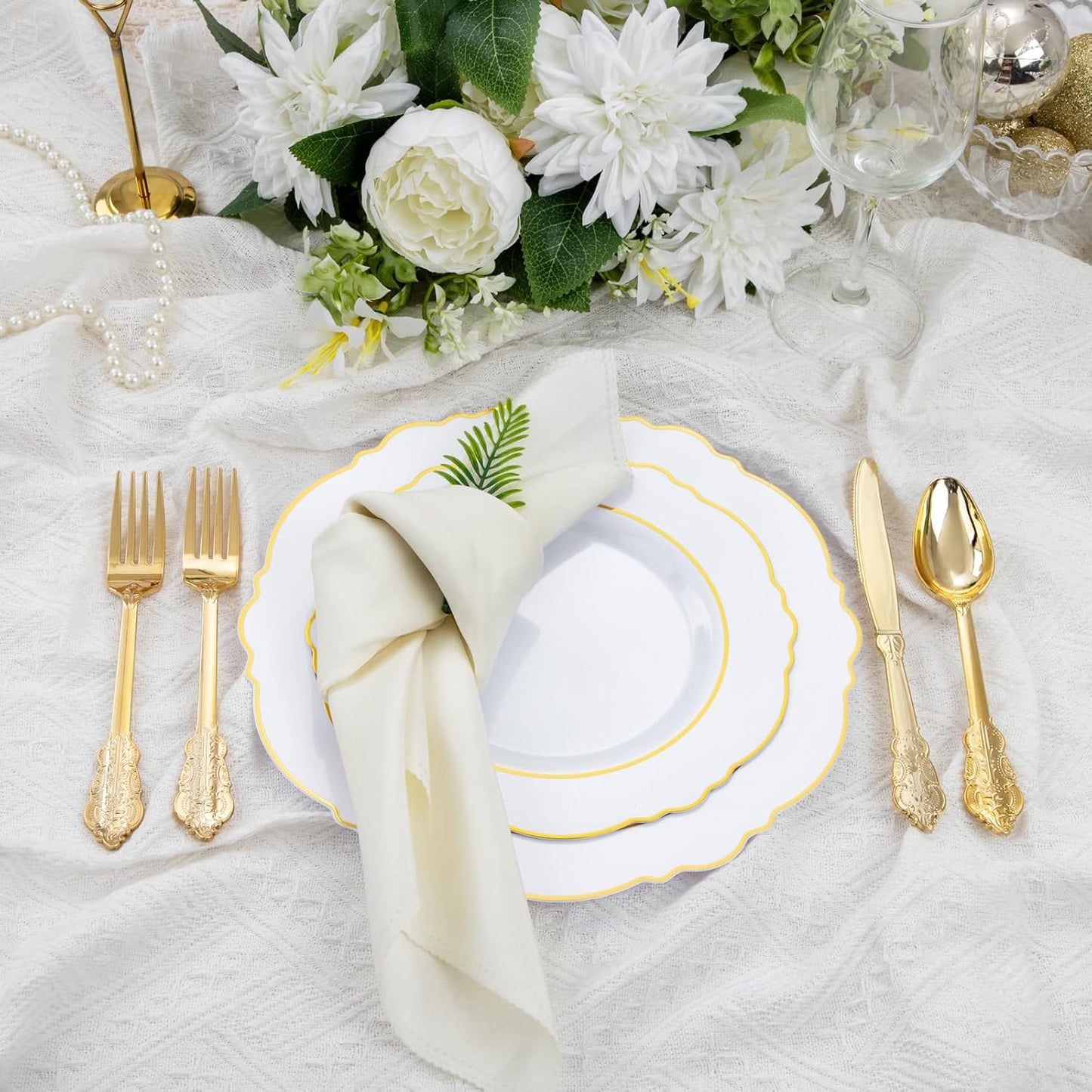 350PCS Yellow Plates - Yellow Disposable Plastic Plates With Gold Rim-50Guest Plastic Dinnerware include 100 Plates,50 Pack Pre Rolled Napkins with Silverware 50Cups for Wedding＆Party