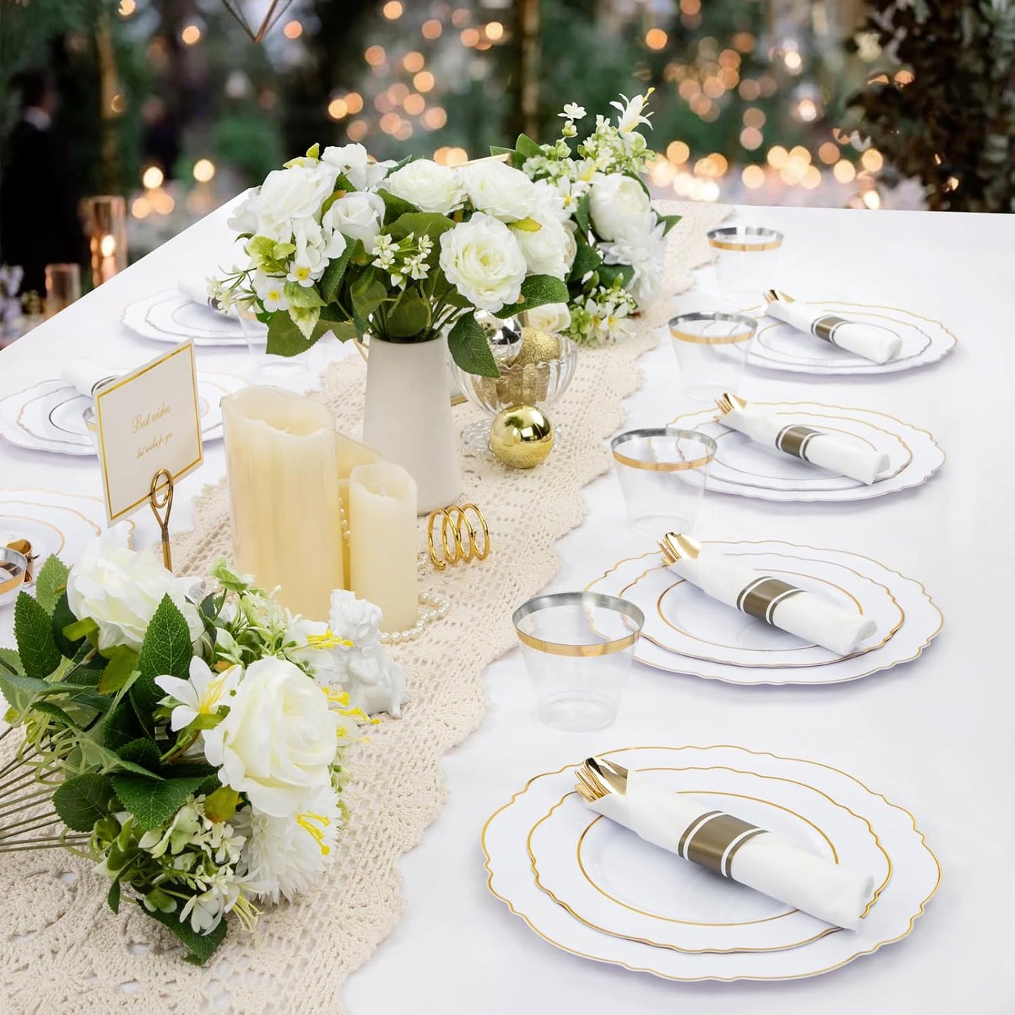 350PCS Yellow Plates - Yellow Disposable Plastic Plates With Gold Rim-50Guest Plastic Dinnerware include 100 Plates,50 Pack Pre Rolled Napkins with Silverware 50Cups for Wedding＆Party