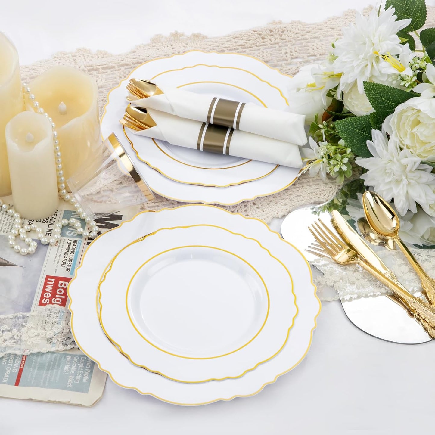 350PCS Yellow Plates - Yellow Disposable Plastic Plates With Gold Rim-50Guest Plastic Dinnerware include 100 Plates,50 Pack Pre Rolled Napkins with Silverware 50Cups for Wedding＆Party