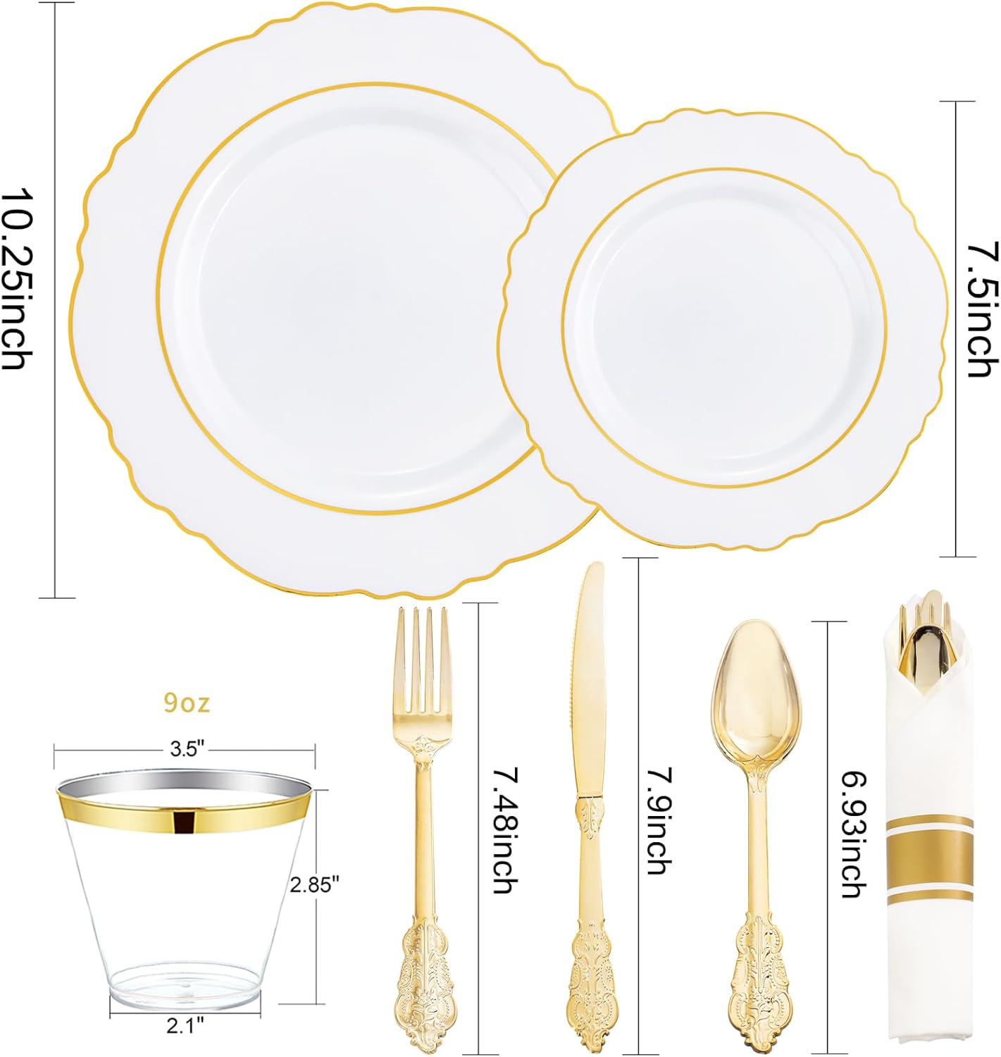 350PCS Yellow Plates - Yellow Disposable Plastic Plates With Gold Rim-50Guest Plastic Dinnerware include 100 Plates,50 Pack Pre Rolled Napkins with Silverware 50Cups for Wedding＆Party