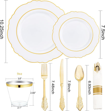 350PCS Yellow Plates - Yellow Disposable Plastic Plates With Gold Rim-50Guest Plastic Dinnerware include 100 Plates,50 Pack Pre Rolled Napkins with Silverware 50Cups for Wedding＆Party