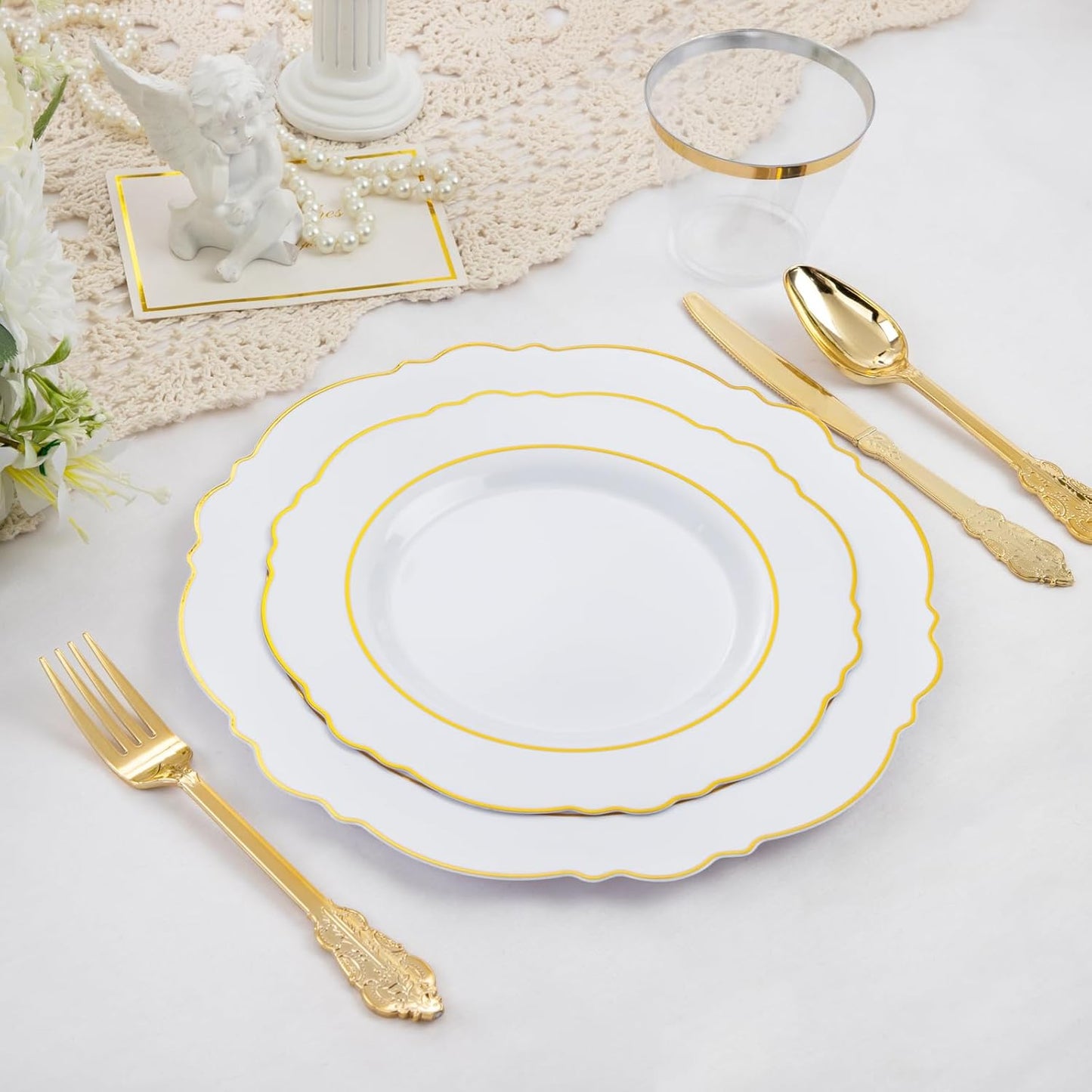 350PCS Yellow Plates - Yellow Disposable Plastic Plates With Gold Rim-50Guest Plastic Dinnerware include 100 Plates,50 Pack Pre Rolled Napkins with Silverware 50Cups for Wedding＆Party