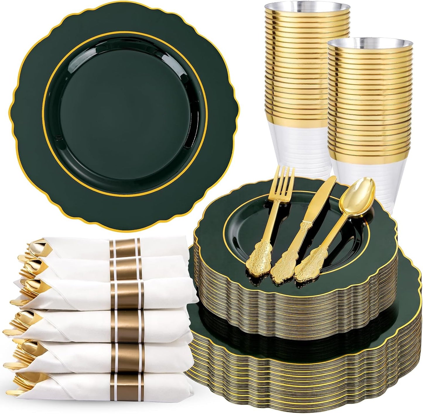 350PCS Yellow Plates - Yellow Disposable Plastic Plates With Gold Rim-50Guest Plastic Dinnerware include 100 Plates,50 Pack Pre Rolled Napkins with Silverware 50Cups for Wedding＆Party