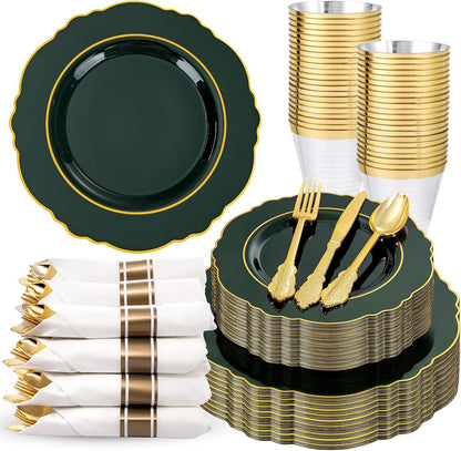 350PCS Yellow Plates - Yellow Disposable Plastic Plates With Gold Rim-50Guest Plastic Dinnerware include 100 Plates,50 Pack Pre Rolled Napkins with Silverware 50Cups for Wedding＆Party