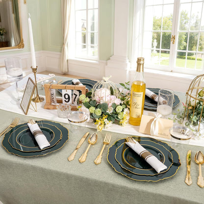 350PCS Yellow Plates - Yellow Disposable Plastic Plates With Gold Rim-50Guest Plastic Dinnerware include 100 Plates,50 Pack Pre Rolled Napkins with Silverware 50Cups for Wedding＆Party