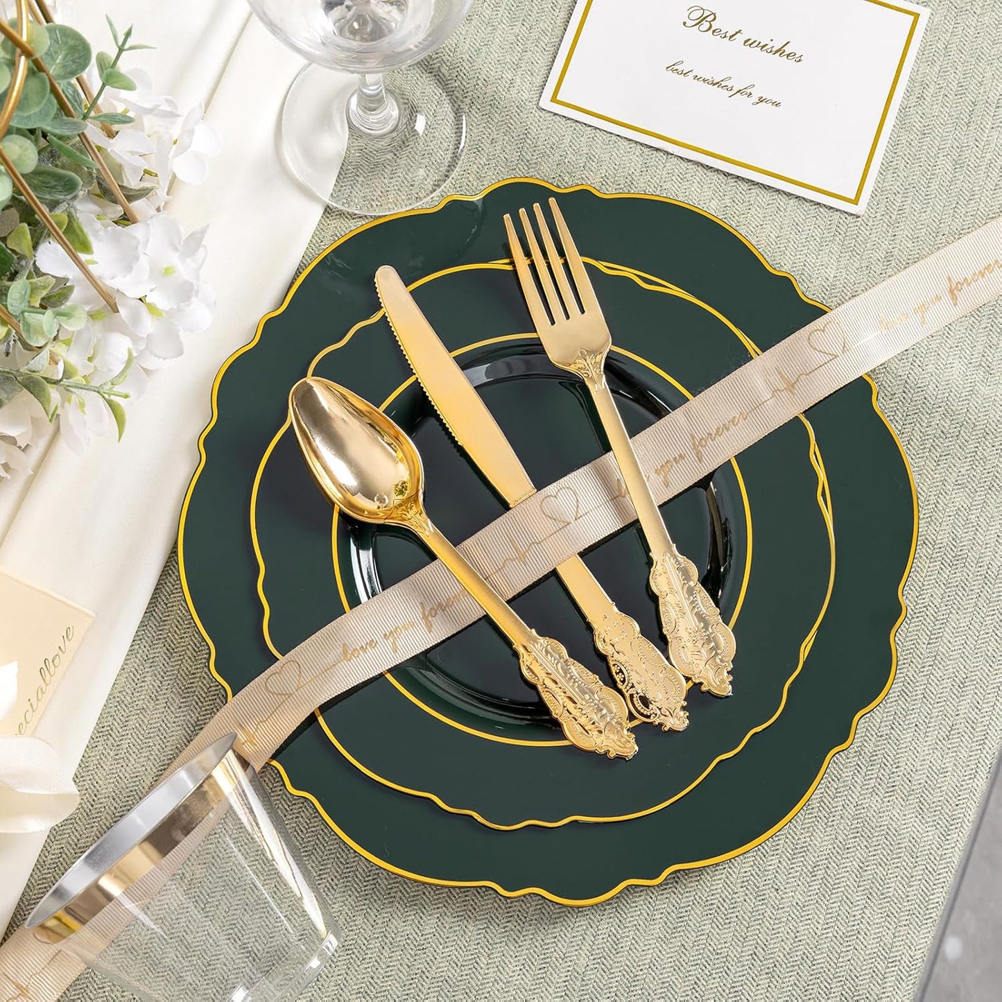 350PCS Yellow Plates - Yellow Disposable Plastic Plates With Gold Rim-50Guest Plastic Dinnerware include 100 Plates,50 Pack Pre Rolled Napkins with Silverware 50Cups for Wedding＆Party