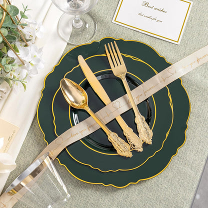 350PCS Yellow Plates - Yellow Disposable Plastic Plates With Gold Rim-50Guest Plastic Dinnerware include 100 Plates,50 Pack Pre Rolled Napkins with Silverware 50Cups for Wedding＆Party