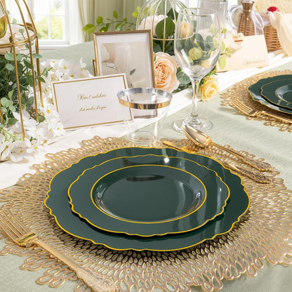 350PCS Yellow Plates - Yellow Disposable Plastic Plates With Gold Rim-50Guest Plastic Dinnerware include 100 Plates,50 Pack Pre Rolled Napkins with Silverware 50Cups for Wedding＆Party