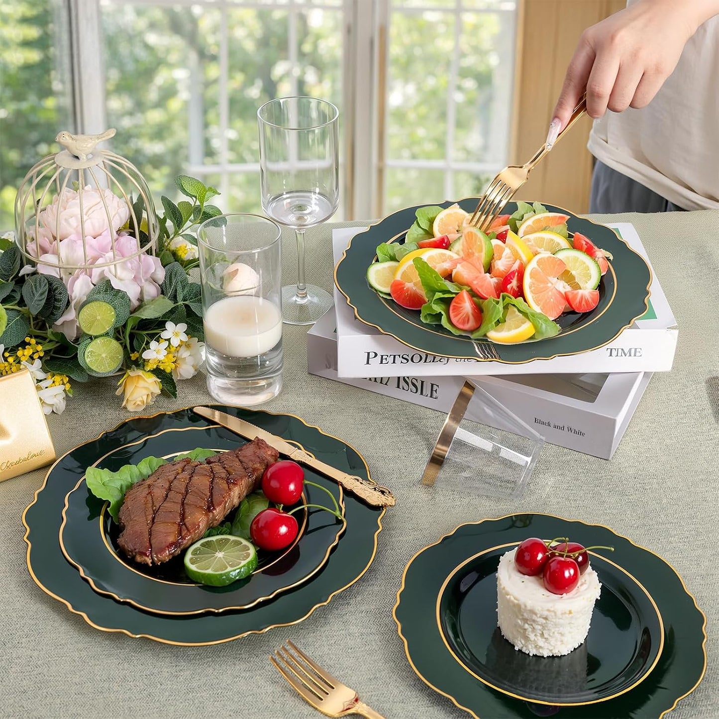 350PCS Yellow Plates - Yellow Disposable Plastic Plates With Gold Rim-50Guest Plastic Dinnerware include 100 Plates,50 Pack Pre Rolled Napkins with Silverware 50Cups for Wedding＆Party