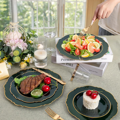 350PCS Yellow Plates - Yellow Disposable Plastic Plates With Gold Rim-50Guest Plastic Dinnerware include 100 Plates,50 Pack Pre Rolled Napkins with Silverware 50Cups for Wedding＆Party
