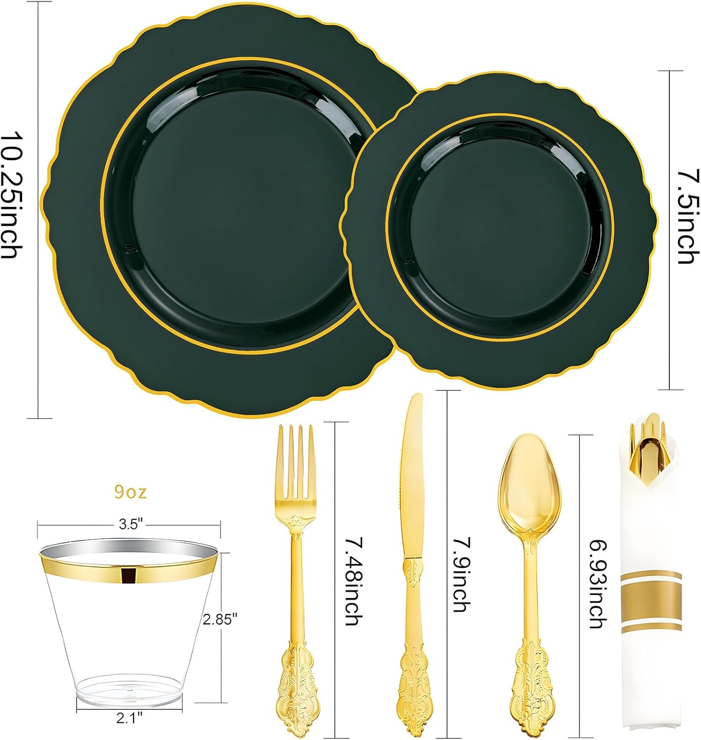350PCS Yellow Plates - Yellow Disposable Plastic Plates With Gold Rim-50Guest Plastic Dinnerware include 100 Plates,50 Pack Pre Rolled Napkins with Silverware 50Cups for Wedding＆Party