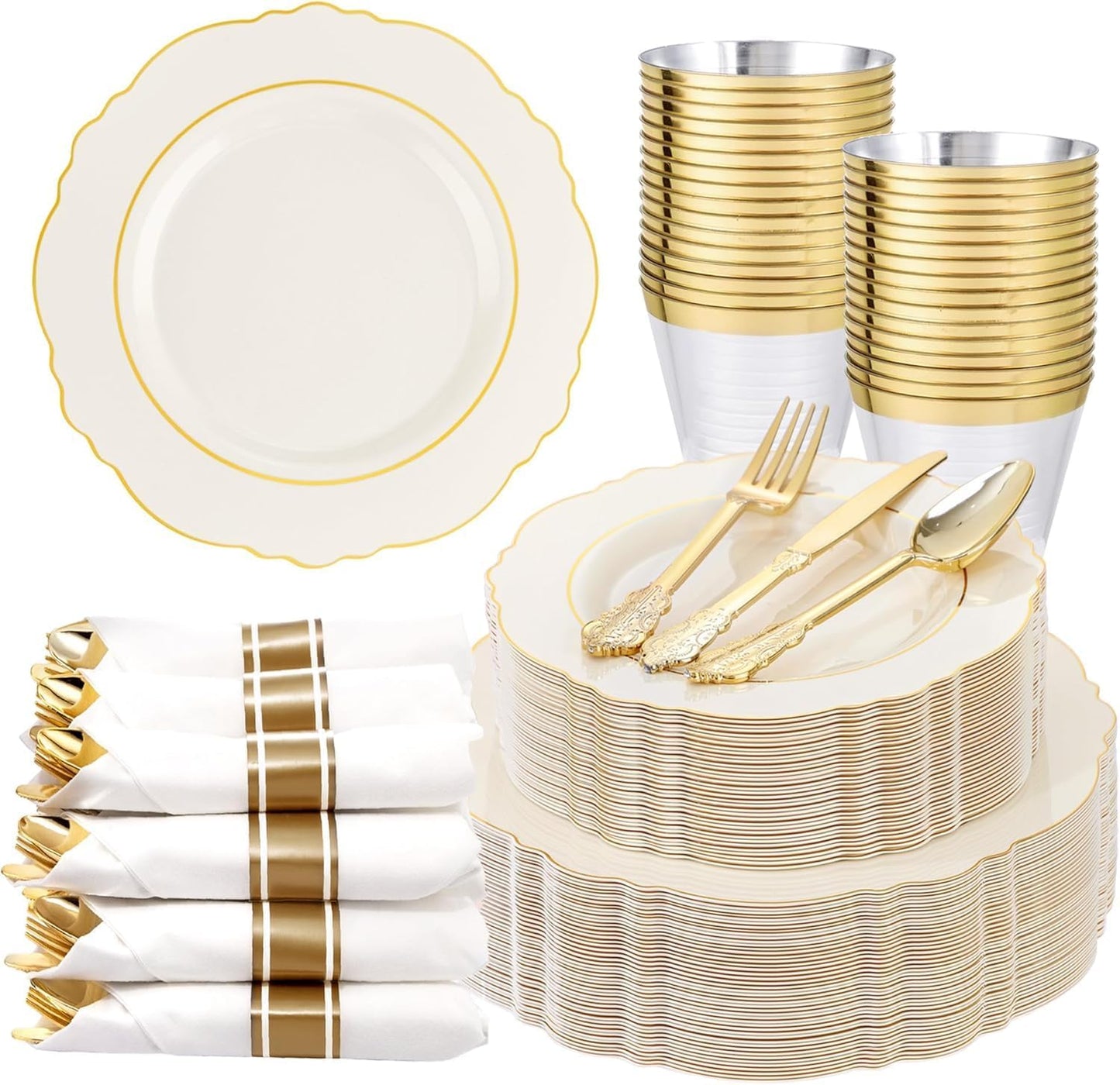 350PCS Yellow Plates - Yellow Disposable Plastic Plates With Gold Rim-50Guest Plastic Dinnerware include 100 Plates,50 Pack Pre Rolled Napkins with Silverware 50Cups for Wedding＆Party
