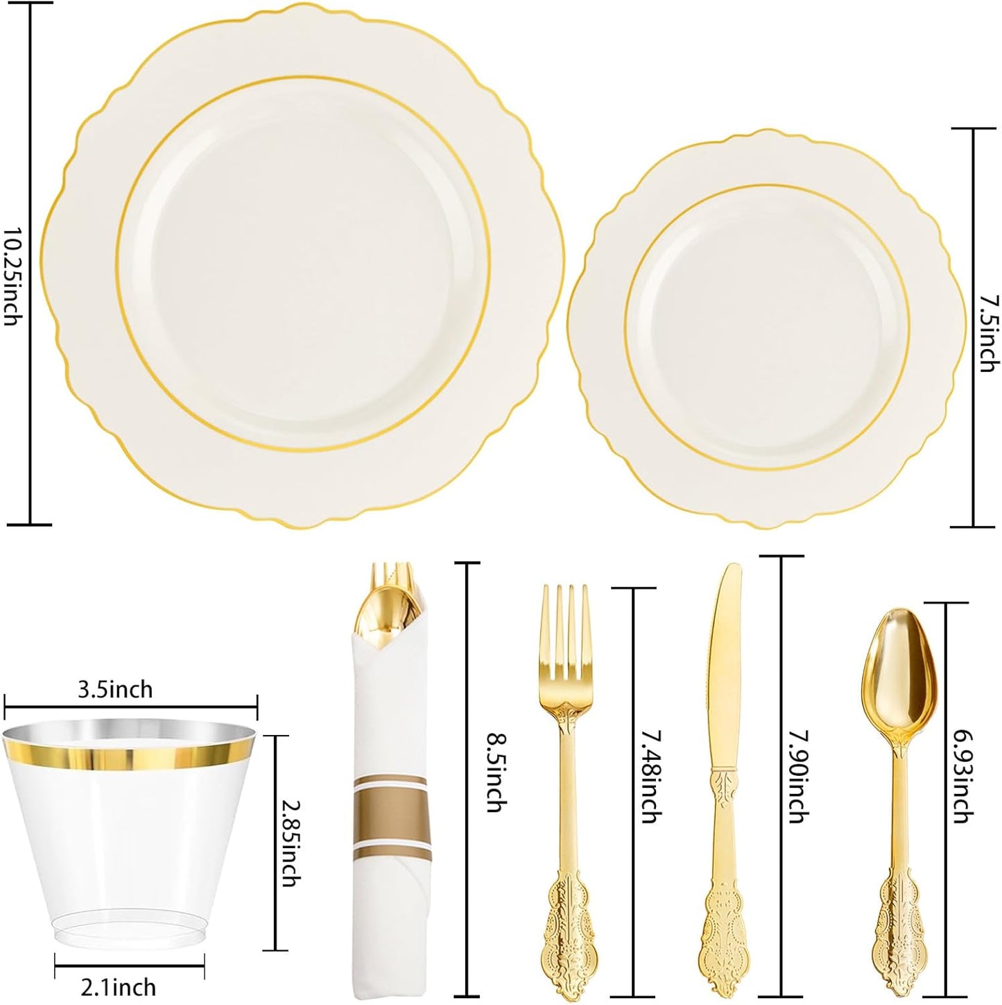 350PCS Yellow Plates - Yellow Disposable Plastic Plates With Gold Rim-50Guest Plastic Dinnerware include 100 Plates,50 Pack Pre Rolled Napkins with Silverware 50Cups for Wedding＆Party