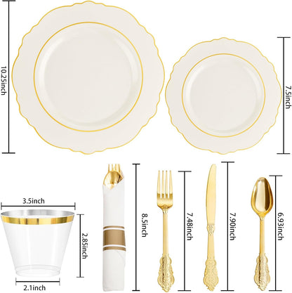 350PCS Yellow Plates - Yellow Disposable Plastic Plates With Gold Rim-50Guest Plastic Dinnerware include 100 Plates,50 Pack Pre Rolled Napkins with Silverware 50Cups for Wedding＆Party