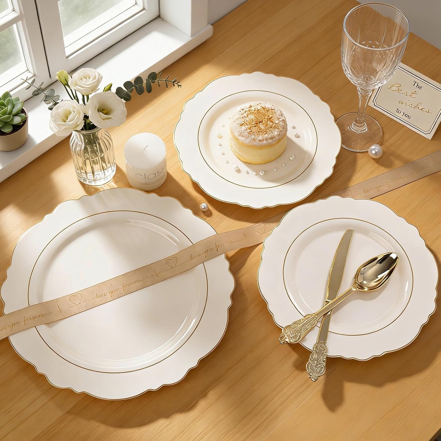 350PCS Yellow Plates - Yellow Disposable Plastic Plates With Gold Rim-50Guest Plastic Dinnerware include 100 Plates,50 Pack Pre Rolled Napkins with Silverware 50Cups for Wedding＆Party