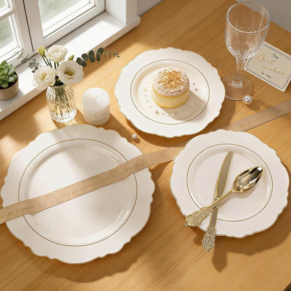 350PCS Yellow Plates - Yellow Disposable Plastic Plates With Gold Rim-50Guest Plastic Dinnerware include 100 Plates,50 Pack Pre Rolled Napkins with Silverware 50Cups for Wedding＆Party