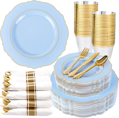 350PCS Yellow Plates - Yellow Disposable Plastic Plates With Gold Rim-50Guest Plastic Dinnerware include 100 Plates,50 Pack Pre Rolled Napkins with Silverware 50Cups for Wedding＆Party