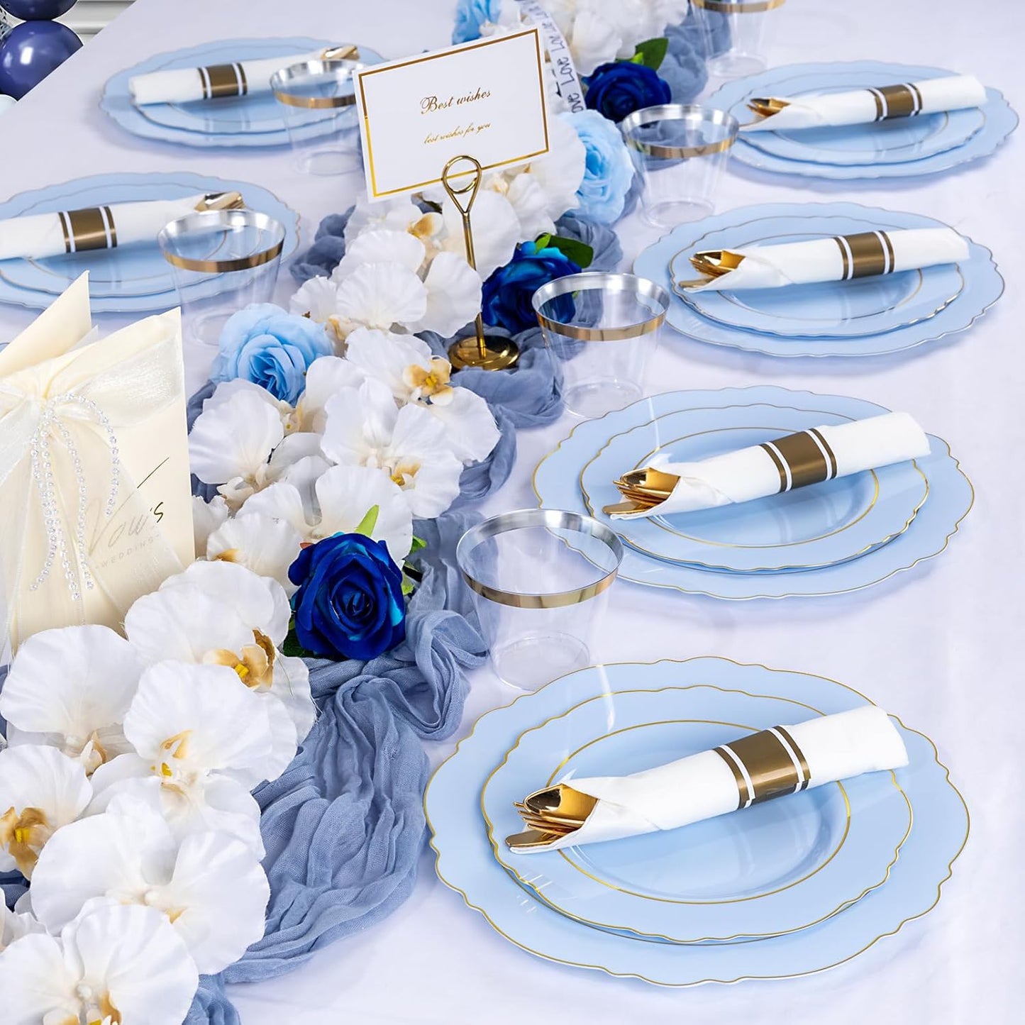 350PCS Yellow Plates - Yellow Disposable Plastic Plates With Gold Rim-50Guest Plastic Dinnerware include 100 Plates,50 Pack Pre Rolled Napkins with Silverware 50Cups for Wedding＆Party