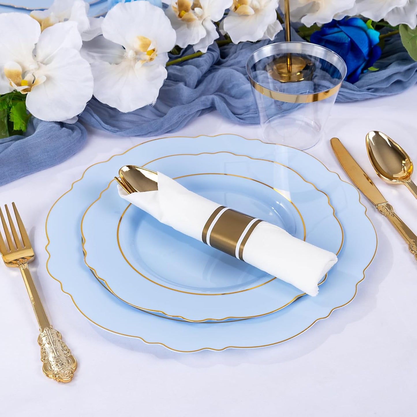 350PCS Yellow Plates - Yellow Disposable Plastic Plates With Gold Rim-50Guest Plastic Dinnerware include 100 Plates,50 Pack Pre Rolled Napkins with Silverware 50Cups for Wedding＆Party