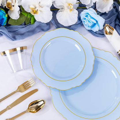 350PCS Yellow Plates - Yellow Disposable Plastic Plates With Gold Rim-50Guest Plastic Dinnerware include 100 Plates,50 Pack Pre Rolled Napkins with Silverware 50Cups for Wedding＆Party