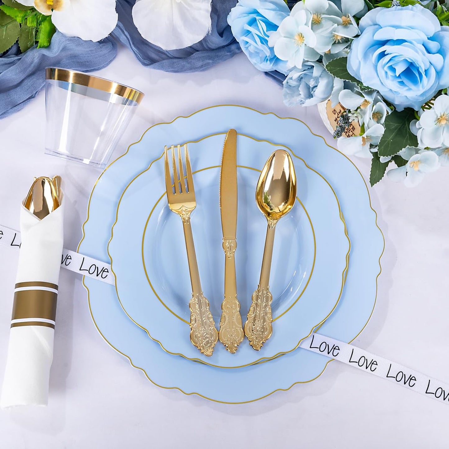 350PCS Yellow Plates - Yellow Disposable Plastic Plates With Gold Rim-50Guest Plastic Dinnerware include 100 Plates,50 Pack Pre Rolled Napkins with Silverware 50Cups for Wedding＆Party