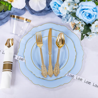 350PCS Yellow Plates - Yellow Disposable Plastic Plates With Gold Rim-50Guest Plastic Dinnerware include 100 Plates,50 Pack Pre Rolled Napkins with Silverware 50Cups for Wedding＆Party