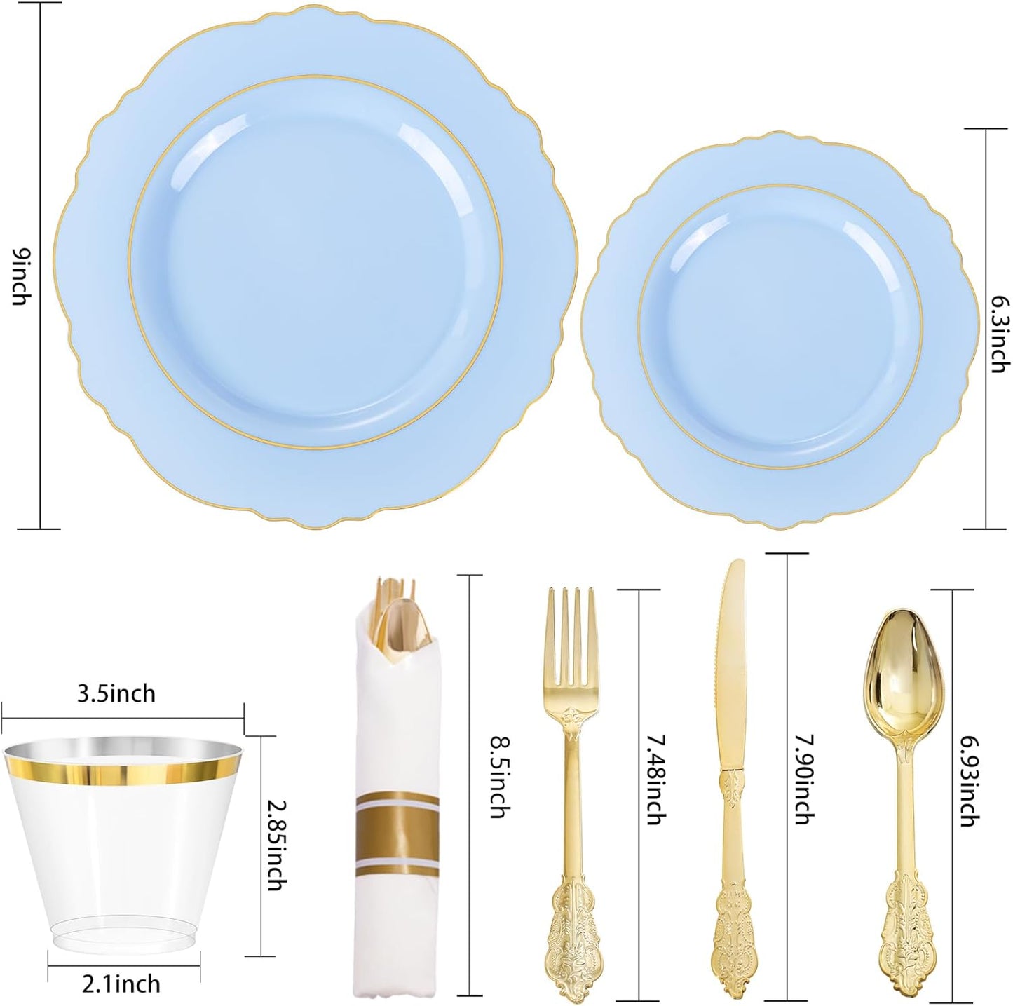 350PCS Yellow Plates - Yellow Disposable Plastic Plates With Gold Rim-50Guest Plastic Dinnerware include 100 Plates,50 Pack Pre Rolled Napkins with Silverware 50Cups for Wedding＆Party