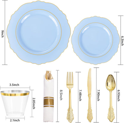350PCS Yellow Plates - Yellow Disposable Plastic Plates With Gold Rim-50Guest Plastic Dinnerware include 100 Plates,50 Pack Pre Rolled Napkins with Silverware 50Cups for Wedding＆Party